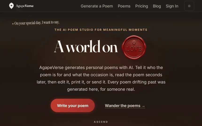 The AgapeVerse home page: a dark hero with a wax seal reading LOVE and a Write your poem button.