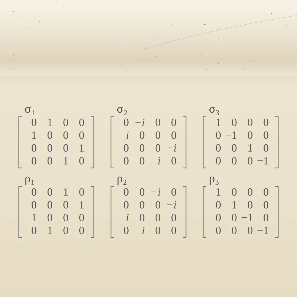 Close-up of the bottom-left corner: Dirac’s six four-by-four matrices, sigma one to three above rho one to three, in thin dark type on cream.