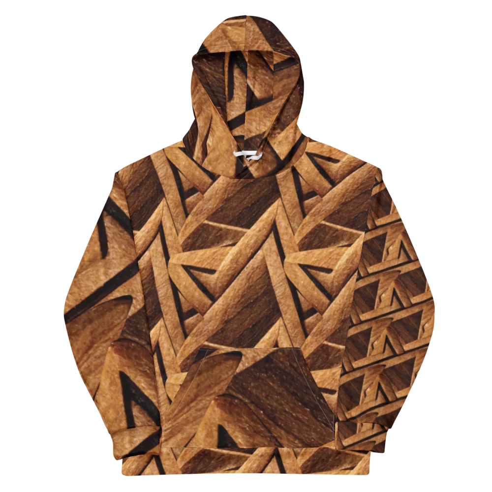Pullover hoodie printed all over with interlocking bands of warm brown wood grain, woven into a repeating pattern of angular stars, with dark shadows between the bands.
