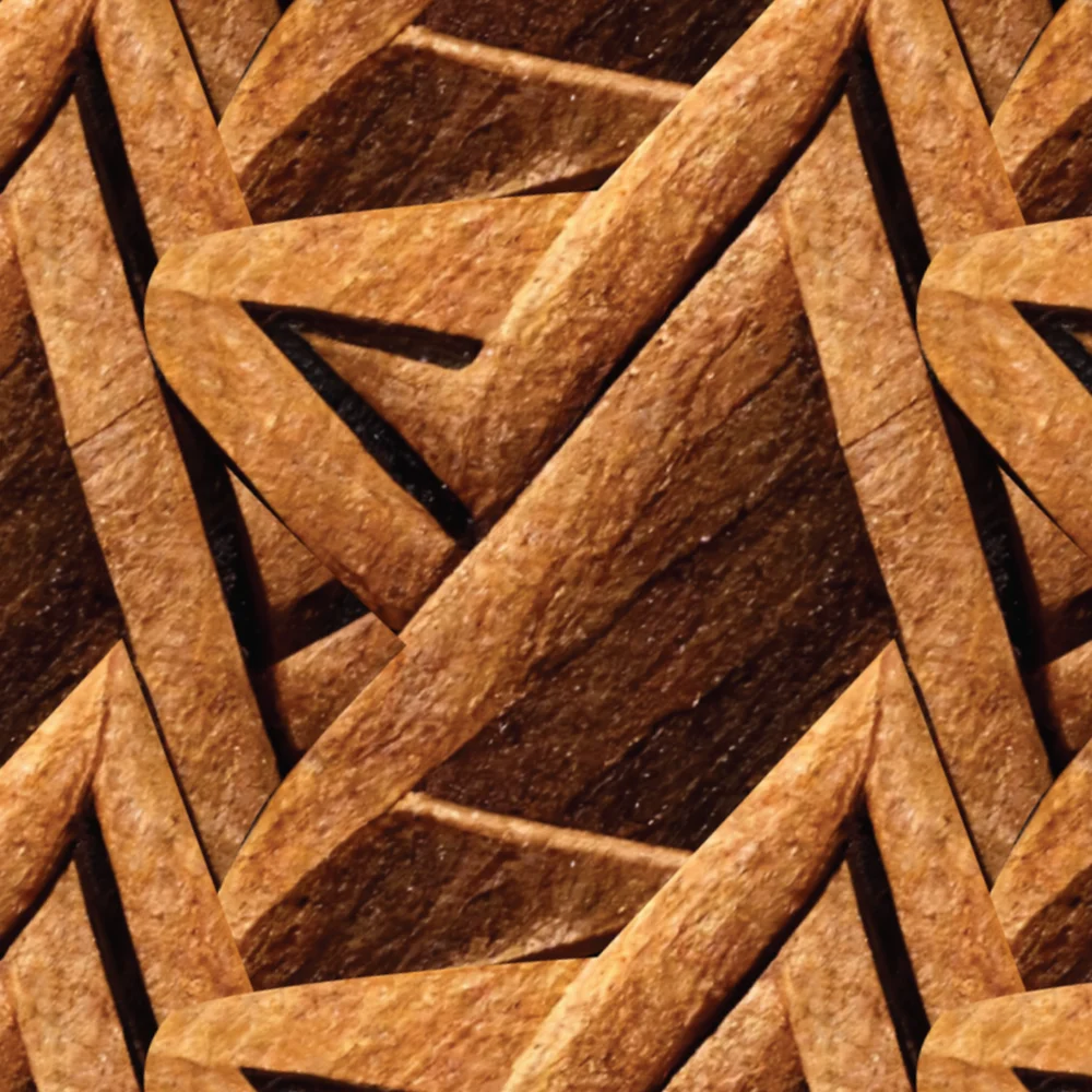 Close-up of the pattern: wide bands of brown wood grain crossing over and under one another in star shapes.