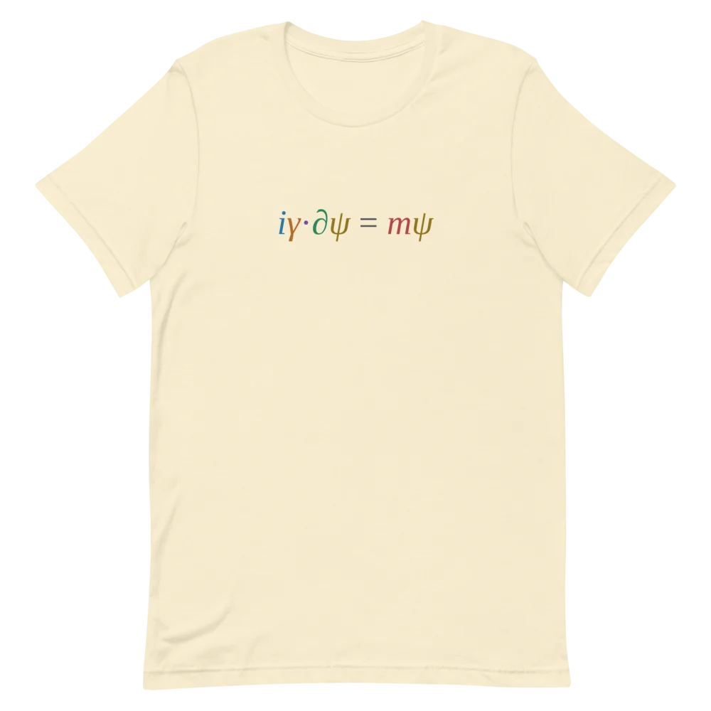 The natural-coloured t-shirt laid flat, front up, with the coloured equation across the chest.